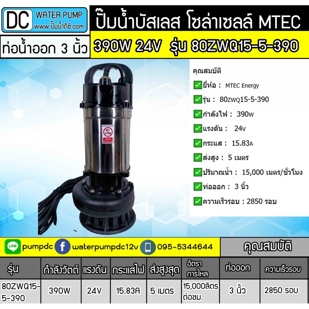 ปั๊มน้ำบัสเลส 390W 24V รุ่น 80ZWQ15-5-390 ท่อ 3 นิ้ว